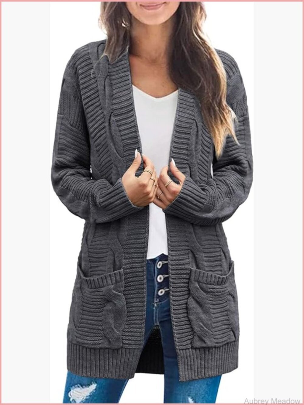Chunky Long Sleeve Cable Knit Cardigan Open Front Sweater Coat with Pockets